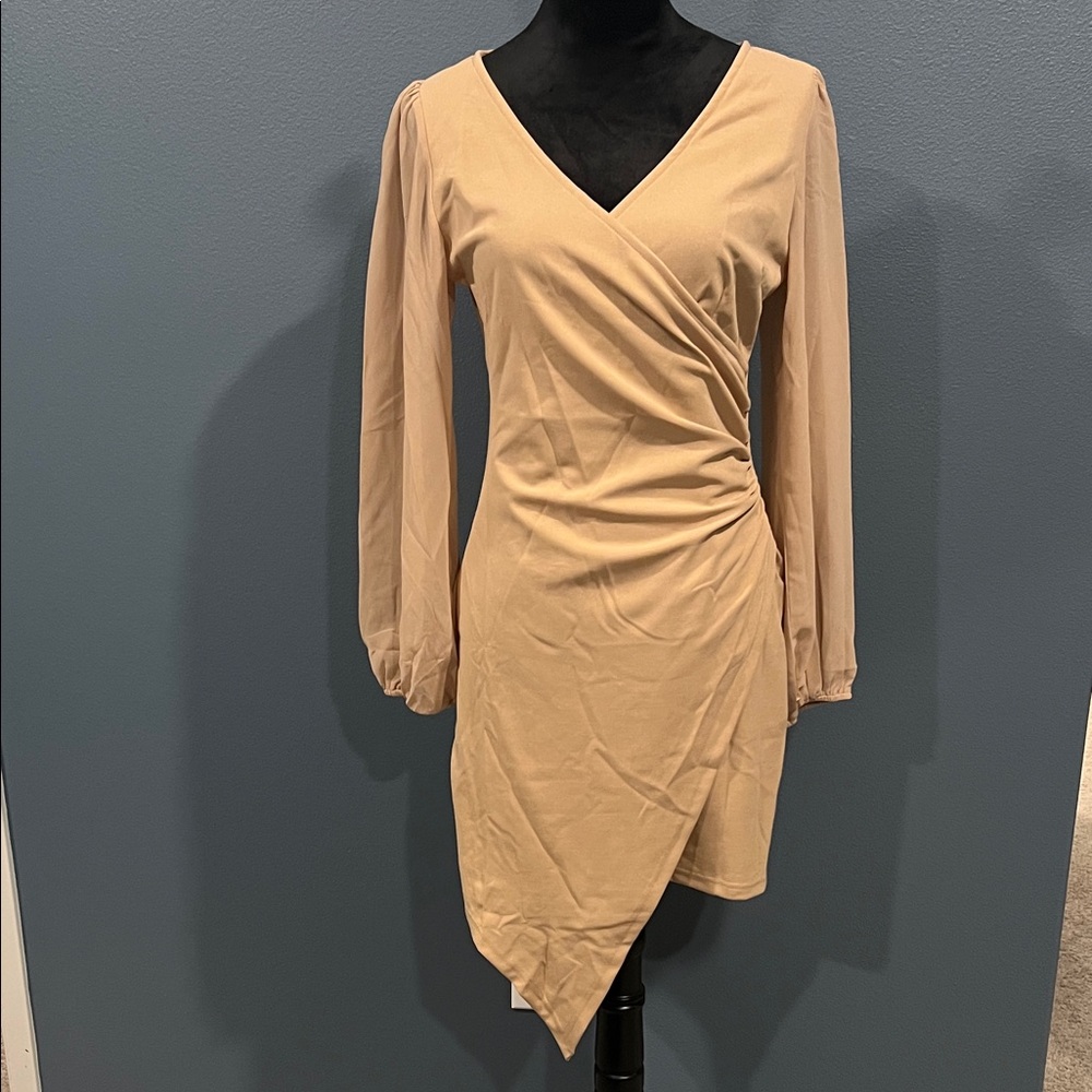 Chic Tan Long Sleeve Wrap Dress